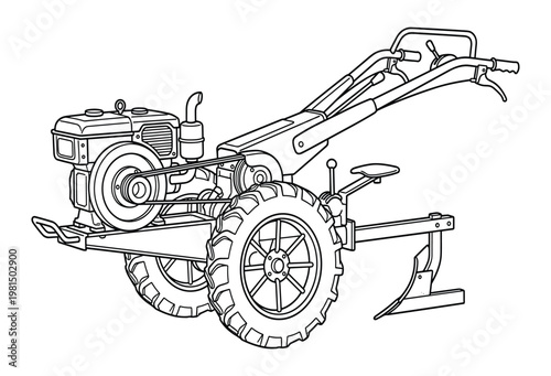 Walking tractor with plough, agricultural machine for tilling soil, farm equipment
