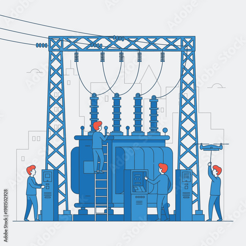 Electricians working on a large industrial transformer station.