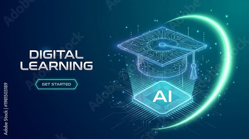 Digital learning concept with a glowing graduation cap and AI chip on a circuit board background