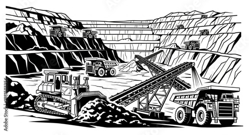 Heavy machinery working in a large open pit mine.