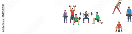 Fitness Workout Illustration Set Featuring People Lifting Weights, Squatting, and Performing Strength Training Exercises