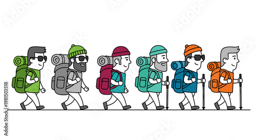 Diverse group of cartoon hikers with large backpacks trekking together on a white background showcasing teamwork