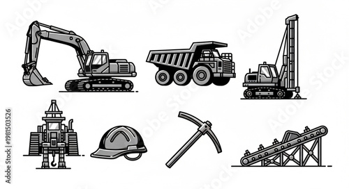 Construction equipment and tools collection illustration.