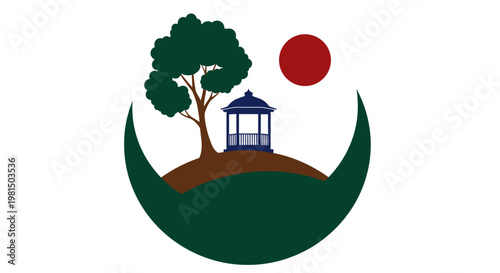 Serene park gazebo nestled on a grassy hill under a vibrant red sun and lush green tree symbolizing nature