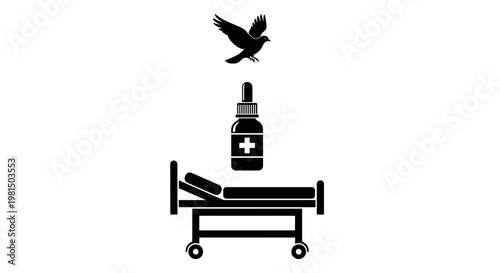 Conceptual black and white icon set representing healthcare recovery and hope with a medical bed medicine bottle