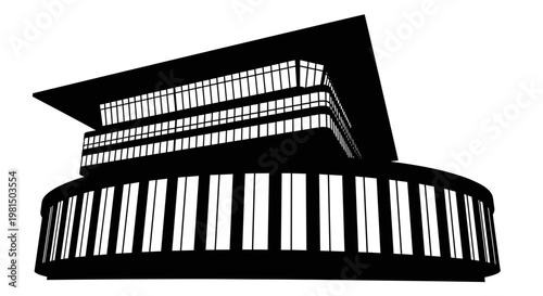 Modern piano building silhouette with sleek architecture and geometric design abstract music venue facade for concerts