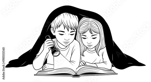 Two young children a boy and a girl huddled together under a dark blanket engrossed in reading a book illuminated