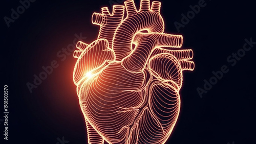 Luminous wireframe illustration of the human circulatory core, pulsating with digital energy, representing sophisticated medical science, cardiac health, and the marvel of human physiology