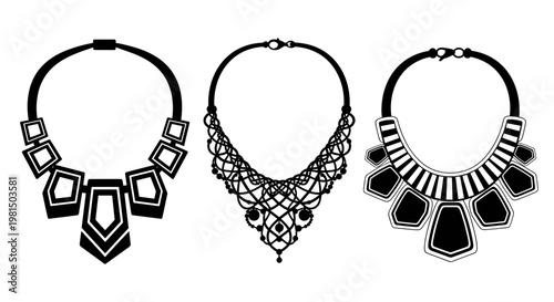 Elegant black and white graphic illustrations of three diverse statement necklaces showcasing intricate designs