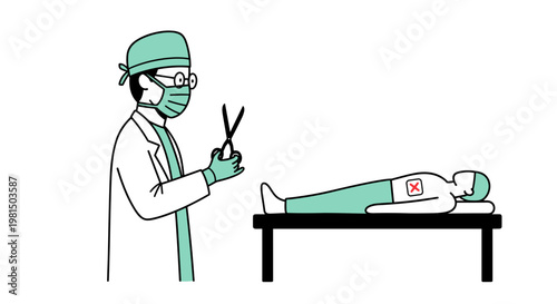 Surgeon with scissors preparing to operate on patient lying on table with red cross symbol on chest medical procedure