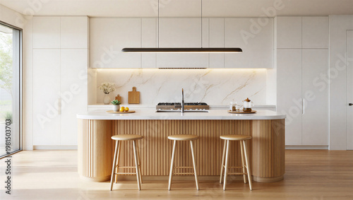 Canvastavla Contemporary Minimalist Kitchen with Fluted Wood Island, White Marble, and Sleek