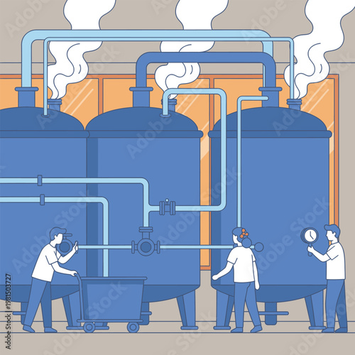 Industrial Process with Workers Monitoring Large Tanks.