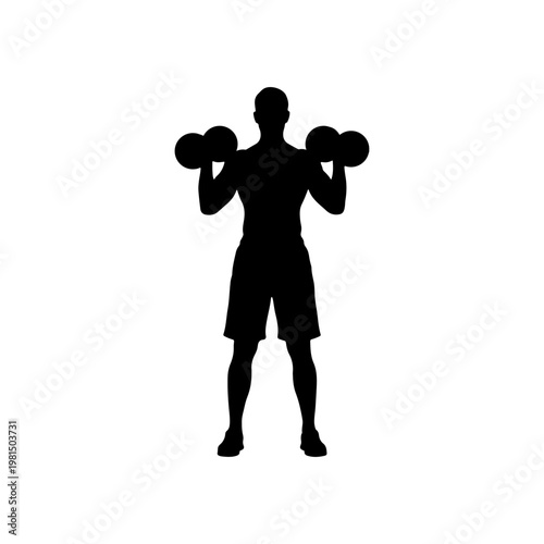 Man lifting dumbbells in standing pose for fitness strength training Vector illustration