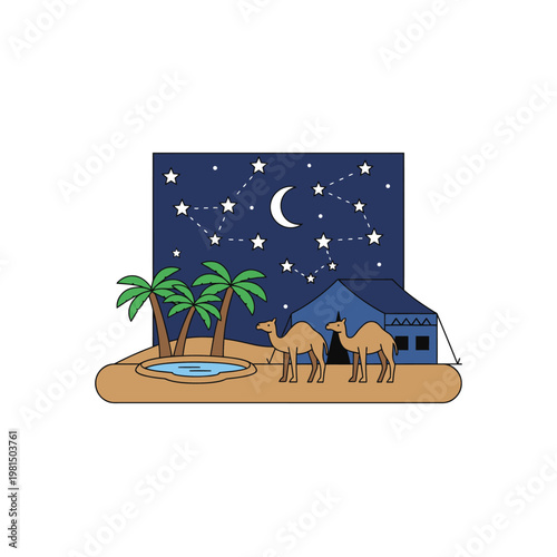 Two Camels Resting Near Oasis Under Starry Desert Night Sky.