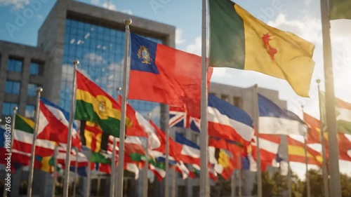 Many international flags wave in unison outside a modern building structure.