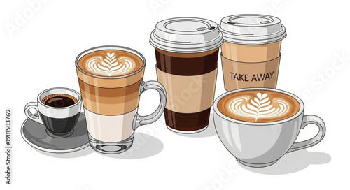 Assortment of Coffee Drinks and Espresso Cup.