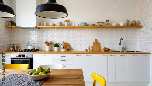 Tableau sur toile Bright and Cozy Modern Kitchen with Open Shelving, White Subway Tiles, and Woode