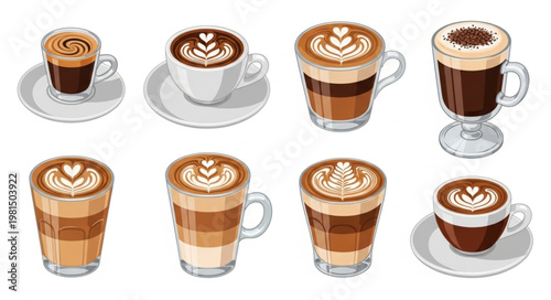 Collection of eight delicious coffee drinks with latte art.