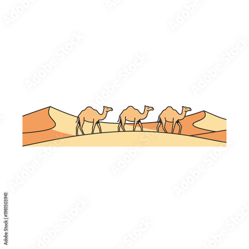 Three Camels Walking Across Desert Dunes.