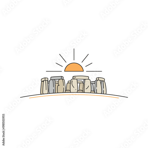 Stonehenge ancient monument sunrise illustration.