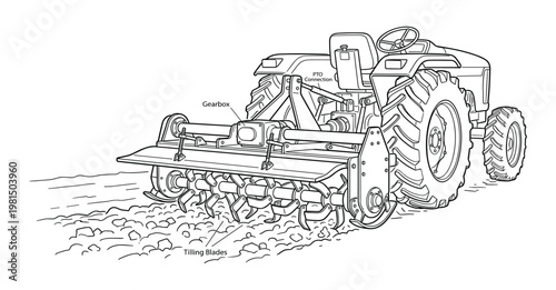 Agricultural tractor with tilling blades in action, preparing soil for planting