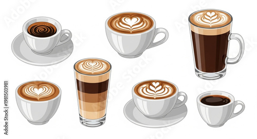 Collection of various coffee drinks in cups and glasses.