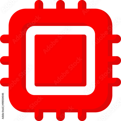 Red CPU microchip vector icon for computer technology and hardware