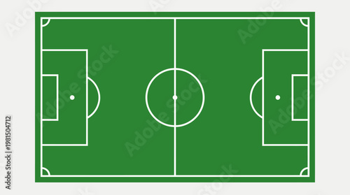 Football Field Top View: Aerial perspective of a vibrant green football field with precise markings, ready for action. The symmetrical design invites the eye.