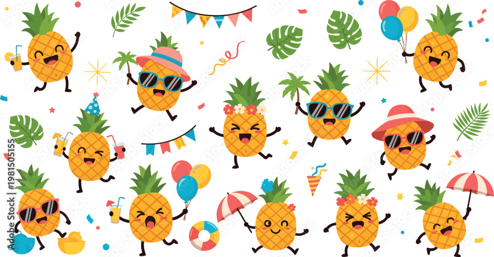 Obraz premium Vector Collection of Cute and Fun Pineapples with Party Accessories, Balloons, Sunglasses, and Tropical Decorations for Summer, Celebration, and Festive Illustrations