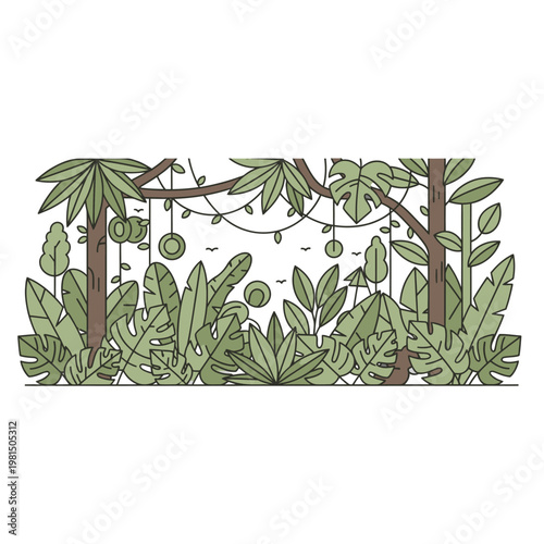 Lush Jungle Foliage with Hanging Decorations.