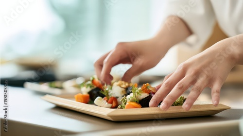 料理人が寿司を盛り付ける手元
