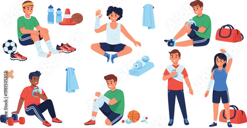 Vector Collection of Athletes with Sports Injuries, Bandages, and Recovery Equipment, Including Soccer, Basketball, and Fitness Icons for Health and Sports Illustrations