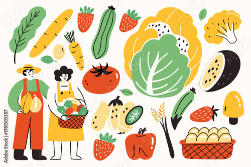 Colorful illustration depicting fresh produce farmers and a bountiful harvest