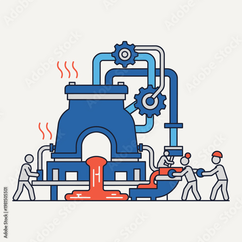 Industrial furnace with molten metal and workers.