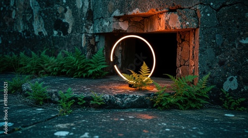 Glowing orange ring illuminates dark stone ruins and forest ferns