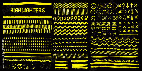 Yellow highlighter doodles and patterns on a black background