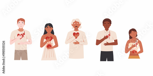 Diverse people holding or touching their hearts symbolizing love and care