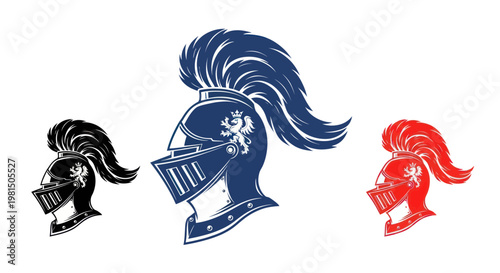 Knight Helmet Emblem Set: Blue, Red, Black - Medieval Warrior Icon
