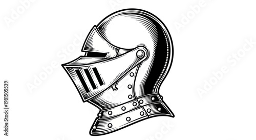 Medieval Knight Helmet, Vintage Engraving Style, Isolated on White