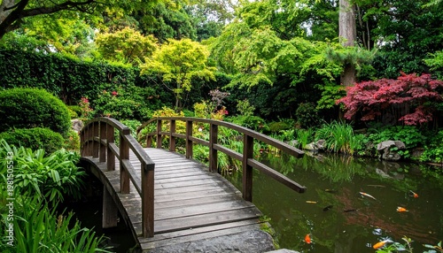 Wooden bridge over pond in lush garden