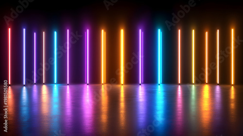 Neon light neon tube glowing colorful abstract futuristic Neon light neon tube glowing colorful abstract futuristic background with vertical light bar dark wall, vibrant reflection glossy floor