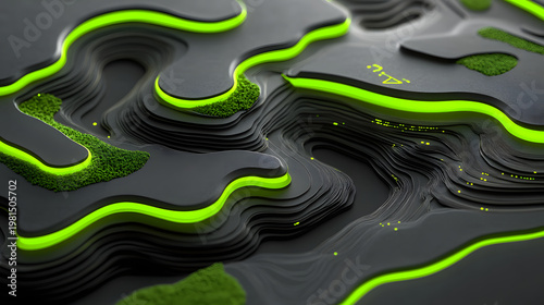 Abstract topographic map contour line neon green 3d render layered surface terrain model black background digital map glowing edge, futuristic contour landscape design with layered terrain relief