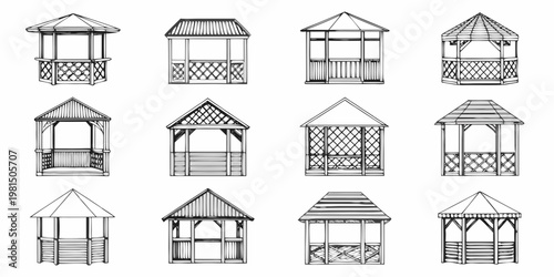 Collection of hand drawn gazebo and pavilion designs in black and white