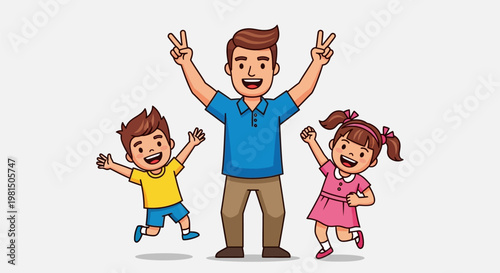 Happy father and children jumping with joy and making peace signs.