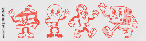 Vector illustration collection pack set of retro groovy cartoon character. retro mascot cartoon characters, groovy cartoons vintage rubber hose style