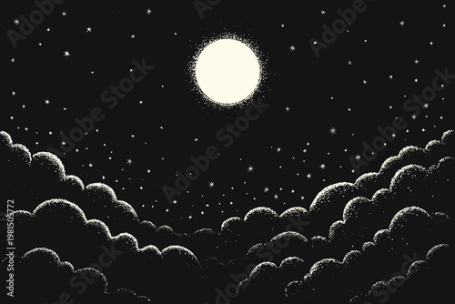 A full moon shines brightly through scattered clouds and twinkling stars