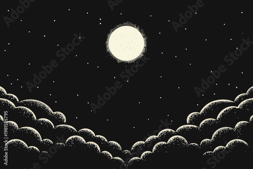 A stylized illustration of a full moon shining above dark rolling hills