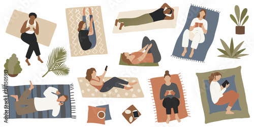 People relaxing and using devices on colorful rugs and mats indoors