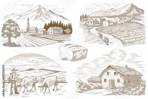 Vintage style illustration of rural landscapes farm life and agricultural produce