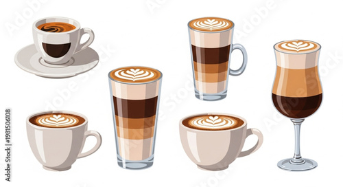 Collection of various coffee drinks and beverages.